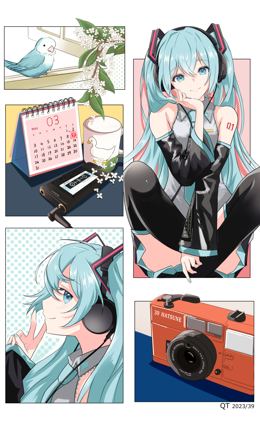 absurdres aqua_eyes aqua_hair aqua_nails bare_shoulders bird black_sleeves calendar_(object) camera cup detached_sleeves digital_media_player duck from_side hair_ornament hand_on_own_face hatsune_miku headphones highres miku_day mug multiple_views number_tattoo plant q_t_(pixiv) tattoo v vocaloid window