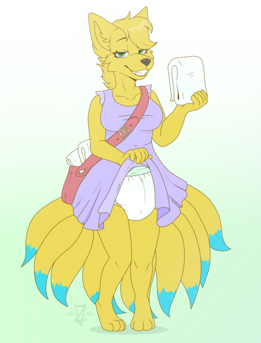 anthro bottomwear clothed clothing clothing_lift diaper diaper_bag digitigrade errorzzz female generation_1_pokemon hi_res holding_object looking_at_viewer multi_tail ninetales nintendo pokemon pokemon_(species) skirt skirt_lift smile solo standing tail teeth wearing_diaper