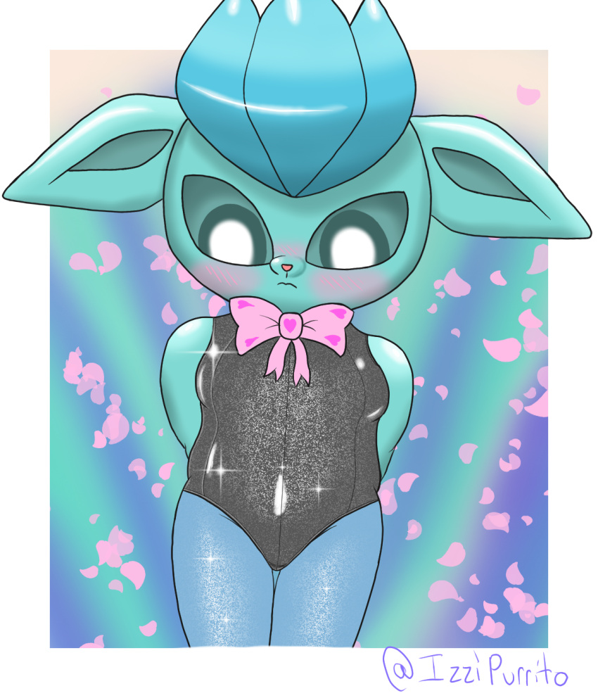 anthro blue_body blue_eyes blush bow_tie clothed clothing daww eeveelution female generation_4_pokemon glaceon glistening glistening_body glitter hi_res humanoid izzipurrito leotard looking_down nintendo pink_bow pokemon pokemon_(species) pupils shy simple_background solo standing tagme white_pupils