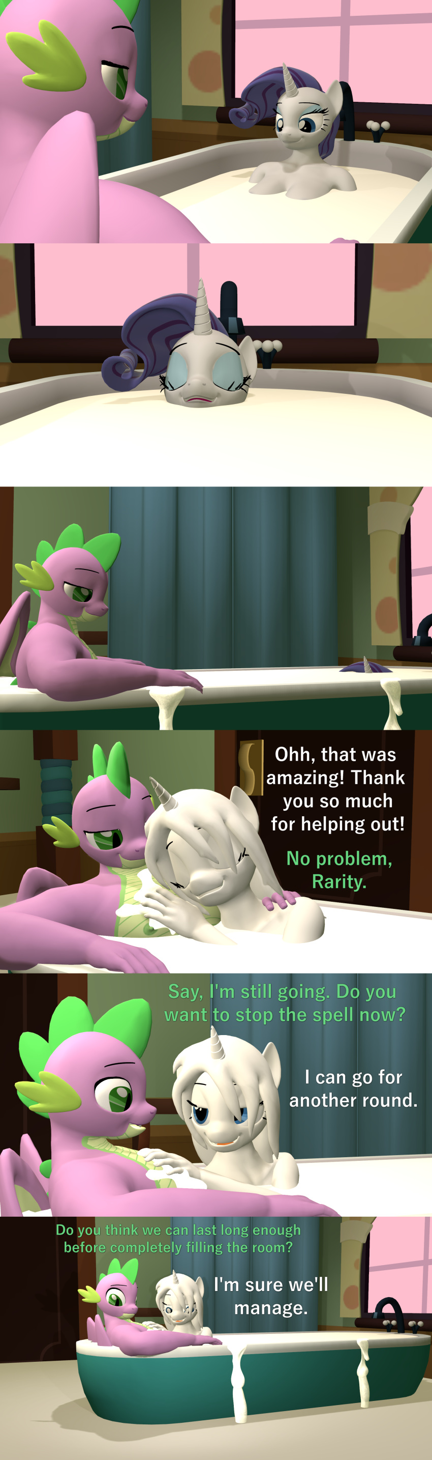 absurd_res anthro anthrofied bathtub big_breasts bodily_fluids breasts comic cum cum_bath cum_covered dialogue dragon equid equine female friendship_is_magic genital_fluids hasbro hi_res horn knot male male/female mammal membrane_(anatomy) membranous_wings messy my_little_pony nipples nude papadragon69 rarity_(mlp) spike_(mlp) unicorn wings