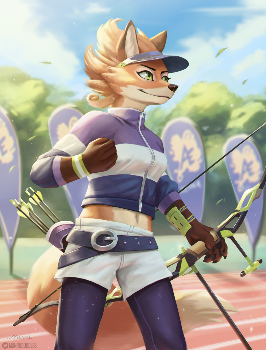 2021 absurd_res anthro archer archery arrow_(weapon) artist_name bottomwear bow_(weapon) canid canine clothing cloud dungeons_of_aether female fleet_(dungeons_of_aether) fox fur hat headgear headwear hi_res holding_object holding_weapon mammal midriff munrudoodles outside quiver ranged_weapon rivals_of_aether shorts sky smile solo sport track_and_field twitter twitter_handle twitter_logo visor_cap weapon