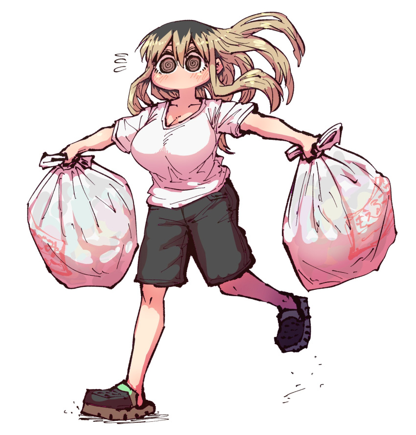 1girl black_shorts blonde_hair blush breasts brown_eyes cleavage crocs flying_sweatdrops highres holding kinjo_no_hito_no_nakimushi large_breasts long_hair no_mouth ochiai_(kinjo_no_hito_no_nakimushi) official_alternate_costume outstretched_arms shirt shoes shorts spread_arms t-shirt trash_bag white_background white_shirt zyugoya