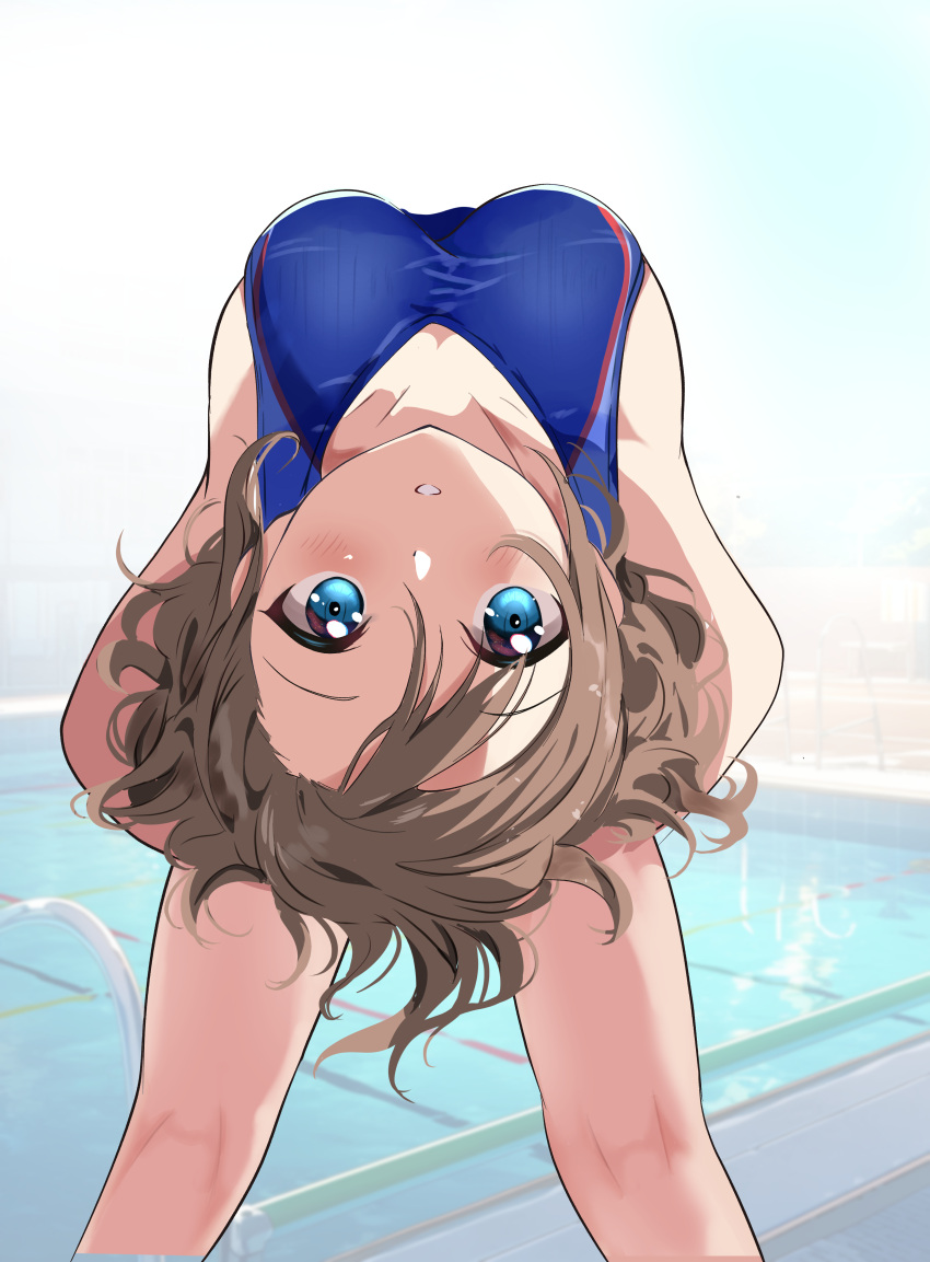 1girl absurdres bending_backward blue_eyes blush borgbutler breasts brown_hair commission competition_swimsuit highres looking_at_viewer looking_back love_live! love_live!_sunshine!! medium_breasts one-piece_swimsuit pixiv_commission pool school_swimsuit short_hair solo straight-on stretching swimsuit watanabe_you