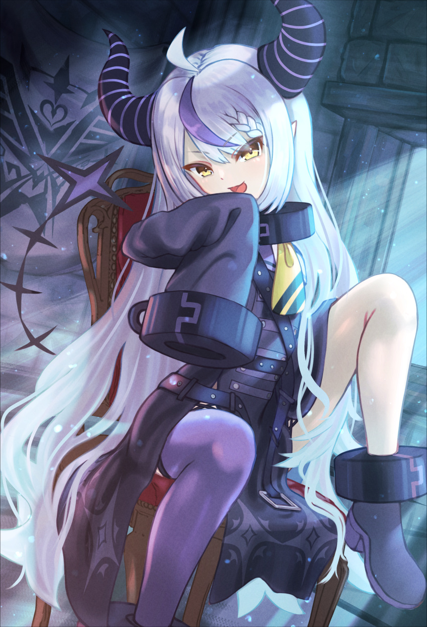 1girl absurdres ahoge ascot black_horns braid braided_bangs coat coat_dress collar demon_horns grey_hair highres hololive horns la+_darknesss la+_darknesss_(1st_costume) metal_collar multicolored_hair on_chair pantyhose pointy_ears purple_coat purple_hair purple_pantyhose roboqlo single_leg_pantyhose sleeves_past_fingers sleeves_past_wrists streaked_hair striped_horns virtual_youtuber yellow_ascot yellow_eyes