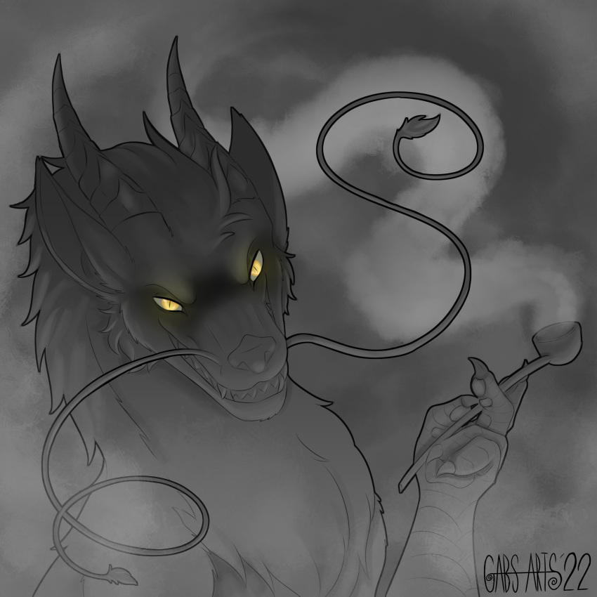 absurd_res claws dragon draixen eastern_dragon feral gabsarts hi_res horn male monochrome pipe sketch smile smiling_at_viewer smoke smoking_pipe solo talons