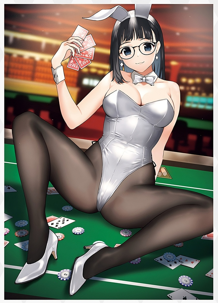 1girl animal_ears arm_behind_back arm_up bare_shoulders black-framed_eyewear black_hair black_pantyhose blue_eyes blurry blurry_background blush bow bowtie breasts card casino detached_collar doushimasho earrings fake_animal_ears glasses high_heels highleg highleg_leotard highres holding holding_card indoors jewelry large_breasts leotard lights long_hair nail_polish original pantyhose pink_nails playboy_bunny playing_card poker_chip poker_table rabbit_ears sitting sitting_on_table spread_legs strapless strapless_leotard table white_bow white_bowtie white_footwear white_leotard wrist_cuffs