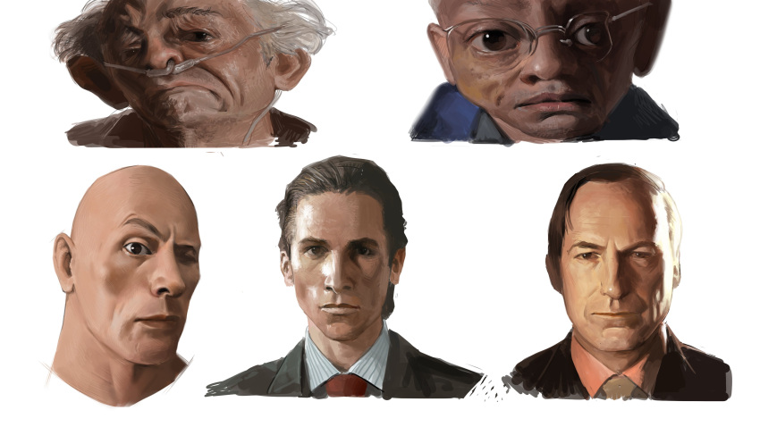 3d_saul_goodman_(meme) 5boys absurdres american_psycho bald better_call_saul black_hair breaking_bad closed_mouth cropped_shoulders dark-skinned_male dark_skin devil_lo expressionless glasses gustavo_fring hector_salamanca highres looking_at_viewer male_focus meme multiple_boys patrick_bateman portrait raised_eyebrow real_life realistic saul_goodman short_hair simple_background the_rock's_eyebrow_raise_(meme) the_rock_(dwayne_johnson) very_dark_skin white_background