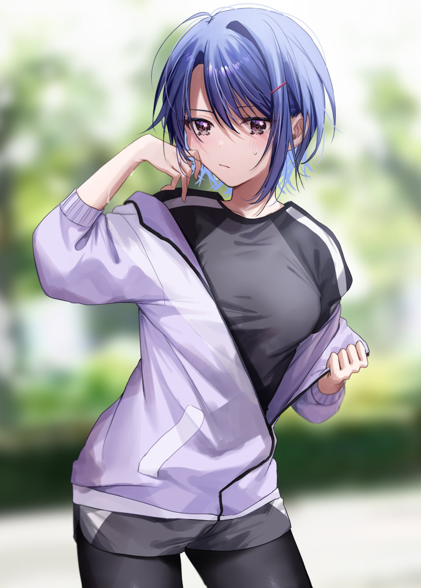 1girl akira_(jitsuimo) blue_hair blurry blurry_background blush brown_eyes chigusa_minori closed_mouth day highres jacket jitsu_wa_imouto_deshita. looking_at_viewer novel_illustration official_art open_clothes open_jacket outdoors second-party_source shirt short_hair short_shorts shorts sky solo standing sweat t-shirt tree