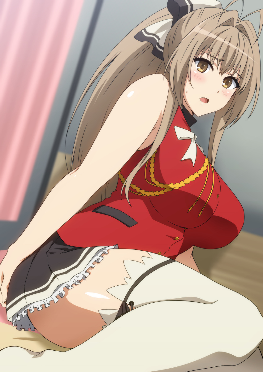 1girl amagi_brilliant_park antenna_hair blush bow breasts brown_eyes brown_hair hair_bow hara_(harayutaka) highres large_breasts long_hair looking_at_viewer open_mouth ponytail ribbon sento_isuzu skirt solo thighhighs