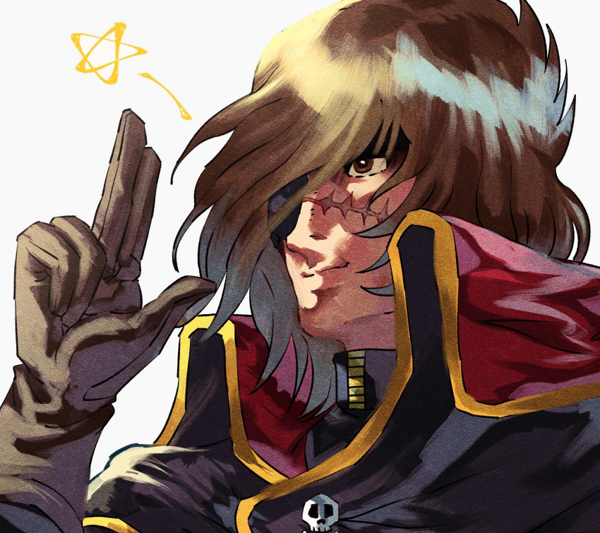 1970s_(style) 1boy black_shirt bright_pupils brown_eyes brown_gloves brown_hair closed_mouth eyepatch gloves hair_over_one_eye hand_up harlock harlock_saga high_collar highres light_smile looking_afar male_focus marker_(medium) portrait retro_artstyle salute scar scar_on_face shirt short_hair simple_background skull slllle1 solo star_(symbol) traditional_media two-finger_salute uchuu_kaizoku_captain_harlock white_background white_pupils