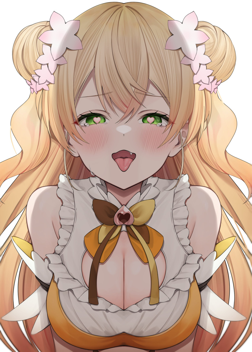 absurdres arm_garter bell blonde_hair blush bow bowtie breasts brown_bow brown_bowtie cleavage cleavage_cutout clothing_cutout double_bun fang flower frilled_shirt frills gradient_hair green_eyes hair_between_eyes hair_bun hair_flower hair_ornament heart heart-shaped_pupils highres hololive large_breasts looking_at_viewer momosuzu_nene momosuzu_nene_(1st_costume) multicolored_bowtie multicolored_hair naughty_face neck_bell open_mouth orange_bow orange_bowtie orange_hair orange_shirt peach_ornament shirt simple_background sleeveless sleeveless_shirt smile symbol-shaped_pupils tearing_up tongue tongue_out upper_body virtual_youtuber white_background yellow_bow yellow_bowtie yuya_(yuya_illust)