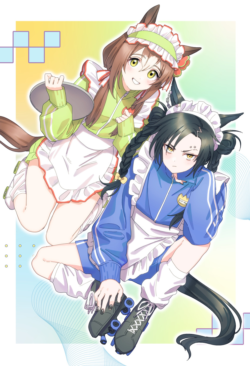 absurdres adapted_costume admire_vega_(umamusume) admire_vega_(umamusume)_(cosplay) air_shakur_(umamusume) animal_ears apron black_hair blue_jacket blue_shorts blue_track_suit brown_hair clover_hair_ornament cosplay curren_chan_(umamusume) curren_chan_(umamusume)_(cosplay) dutch_angle eyebrow_piercing fine_motion_(umamusume) green_eyes green_jacket green_track_suit hair_between_eyes hair_ornament hair_ribbon highres holding holding_tray horse_ears horse_girl horse_tail jacket long_hair loose_socks maid_apron maid_headdress multicolored_hair name_tag piercing ribbon roller_skates shorts sidelocks sitting skates socks tail tamayume track_jacket tray two-tone_hair umamusume umamusume:_road_to_the_top white_hair white_socks yellow_eyes