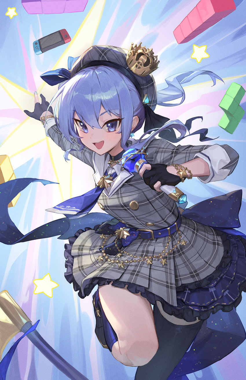 1girl :d axe belt beret black_gloves black_thighhighs blue_eyes blue_hair blue_nails blue_socks bracelet buttons choker crown double-breasted f.k_(hs225kr) gloves hat highres holding holding_microphone hololive hoshimachi_suisei hoshimachi_suisei_(1st_costume) jewelry kneehighs long_hair looking_at_viewer microphone nintendo_switch ponytail single_thighhigh smile socks solo tetris thighhighs virtual_youtuber