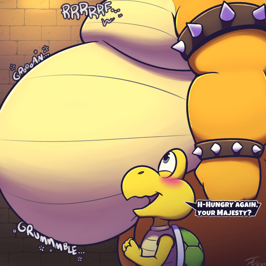 anthro belly big_belly blue_eyes blush bowser bracelet dialogue digestion duo hi_res jewelry koopa looking_up male mario_bros moan moobs nintendo rumbling_stomach scalie shell signature spiked_bracelet spikes talking_to_another tanio thick_arms vore weight_gain yellow_body yellow_skin