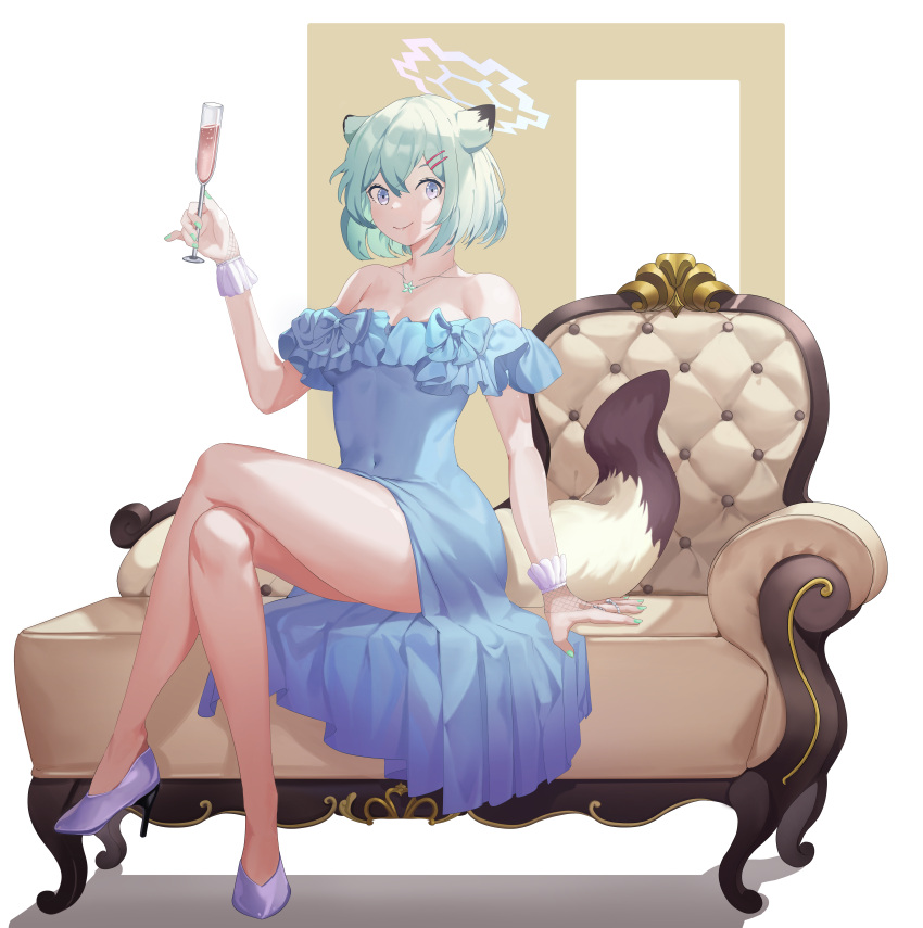 1girl absurdres alternate_costume animal_ears bare_shoulders blue_archive blue_dress breasts champagne_flute cleavage collarbone couch covered_navel crossed_legs cup dress drinking_glass evening_gown fishnet_gloves fishnets formal frilled_dress frills gloves green_nails hair_between_eyes hair_ornament hairclip halo high_heels highres jewelry laku_mwa light_green_hair medium_breasts nail_polish necklace purple_footwear shigure_(blue_archive) short_hair sitting solo tail weasel_ears weasel_girl weasel_tail