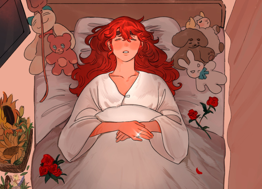 1girl bed collarbone flower from_above gundam gundam_suisei_no_majo highres hospital_bed hospital_gown intravenous_drip jewelry long_sleeves milfcookiesimp parted_lips red_flower red_hair red_rose ring rose sleeping solo stuffed_animal stuffed_rabbit stuffed_sheep stuffed_toy suletta_mercury sunflower teddy_bear thick_eyebrows wedding_ring