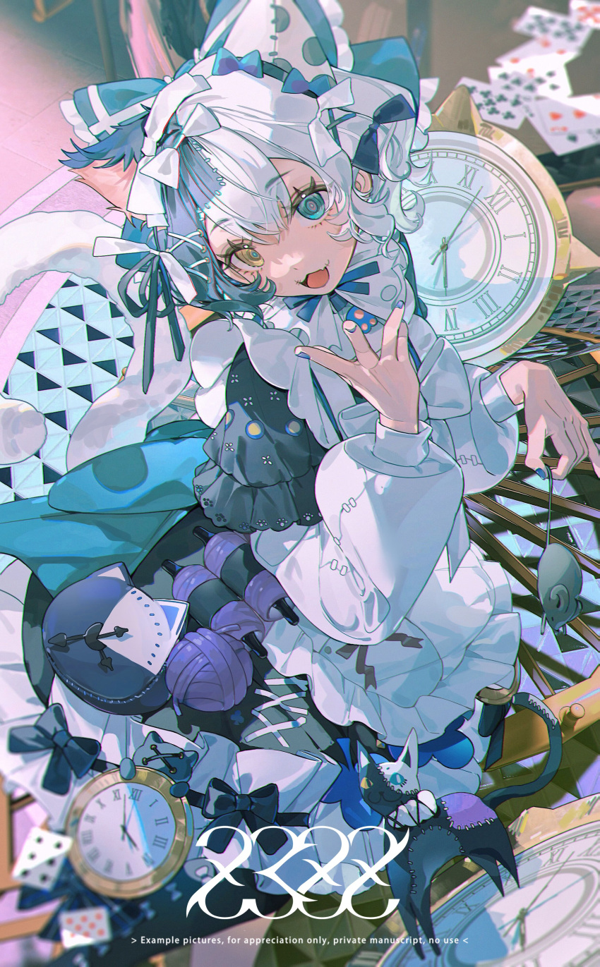 1girl absurdres animal_ears apron black_bow black_dress blue_eyes blue_hair blue_nails blue_necktie bow card carpet cat cat_ears cat_girl cat_tail chromatic_aberration clock dark_blue_hair dress eyelashes fang floor hair_between_eyes hair_bow hair_ornament hairclip heterochromia highres indoors lolita_fashion long_dress long_sleeves looking_at_viewer medium_hair mouse multicolored_hair nail_polish necktie open_mouth original playing_card puffy_sleeves sidelocks smile solo stuffed_animal stuffed_cat stuffed_toy table tail white_apron white_bow white_hair white_tail yarn yarn_ball yellow_eyes z3zz4