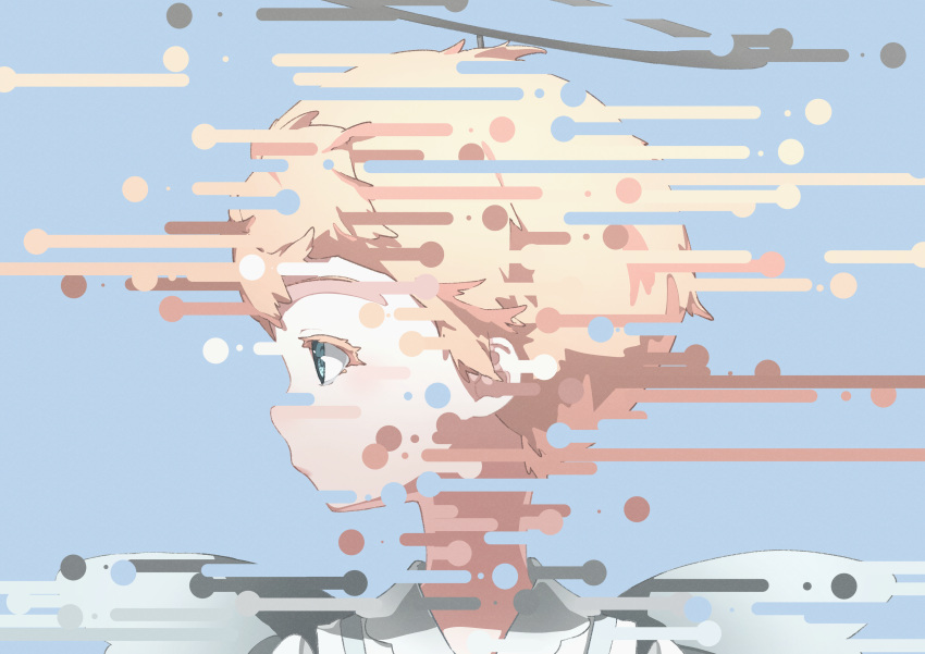 1girl absurdres blonde_hair blue_background blue_eyes closed_mouth colored_eyelashes commentary english_commentary expressionless halo highres looking_to_the_side nico-tine original profile shirt short_hair simple_background solo white_shirt wings