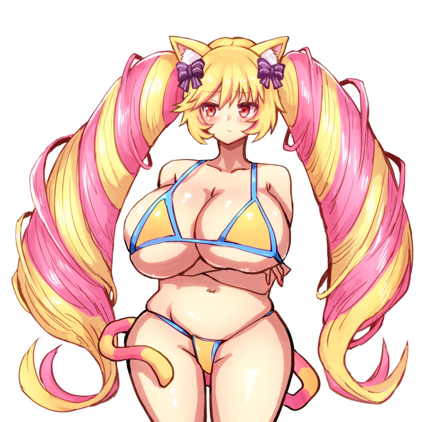 animal_humanoid big_breasts bikini blonde_hair blush breasts cat_humanoid clothing crossed_arms curvy_figure domestic_cat felid felid_humanoid feline feline_humanoid felis female genitals hair hi_res himeko_mashima horizon_breaker huge_breasts humanoid long_hair long_tail mammal mammal_humanoid multicolored_hair navel penis pink_hair red_eyes ribbed_penis sanrio show_by_rock!! simple_background solo swimwear tail two_tone_hair