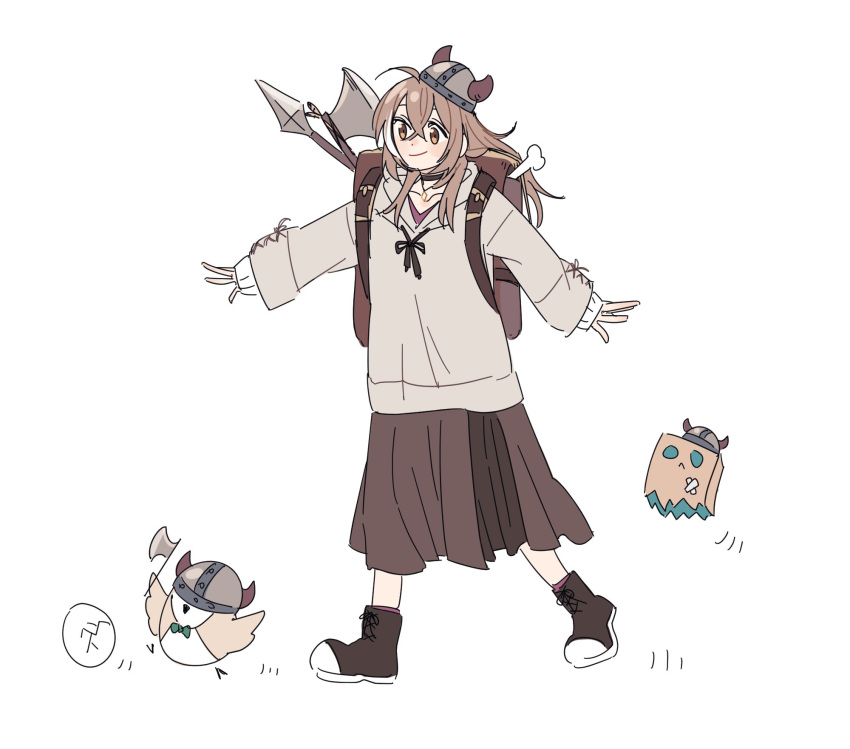 1girl 3others ahoge axe backpack bag bird black_choker bone brmameng brown_eyes brown_footwear brown_hair brown_hoodie brown_skirt choker cracked_egg crossed_bangs egg fake_horns friend_(nanashi_mumei) helmet high_tops highres holding holding_axe holding_weapon hololive hololive_english hood hoodie hooman_(nanashi_mumei) horned_helmet horns jewelry long_hair long_skirt multicolored_hair multiple_others nanashi_mumei nanashi_mumei_(3rd_costume) necklace official_alternate_costume oversized_clothes owl pleated_skirt polearm red_shirt red_socks shirt shoes skirt sleeves_past_wrists smile sneakers socks spear streaked_hair sweater viking virtual_youtuber walking weapon white_sweater wide_sleeves