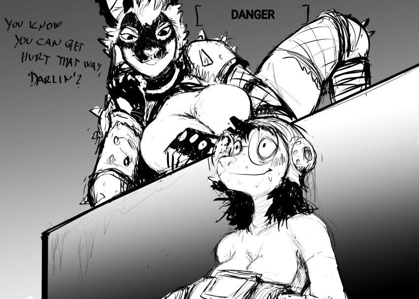 2023 american_opossum anthro bethesda_softworks big_breasts black_and_white breasts cleavage clothed clothing dialogue didelphid duo english_text eyewear fallout female glasses hi_res hladilnik lagomorph leporid mammal marsupial marylin_(hladilnik) monochrome pro_bun_(hladilnik) rabbit raider_(fallout) text virginia_opossum