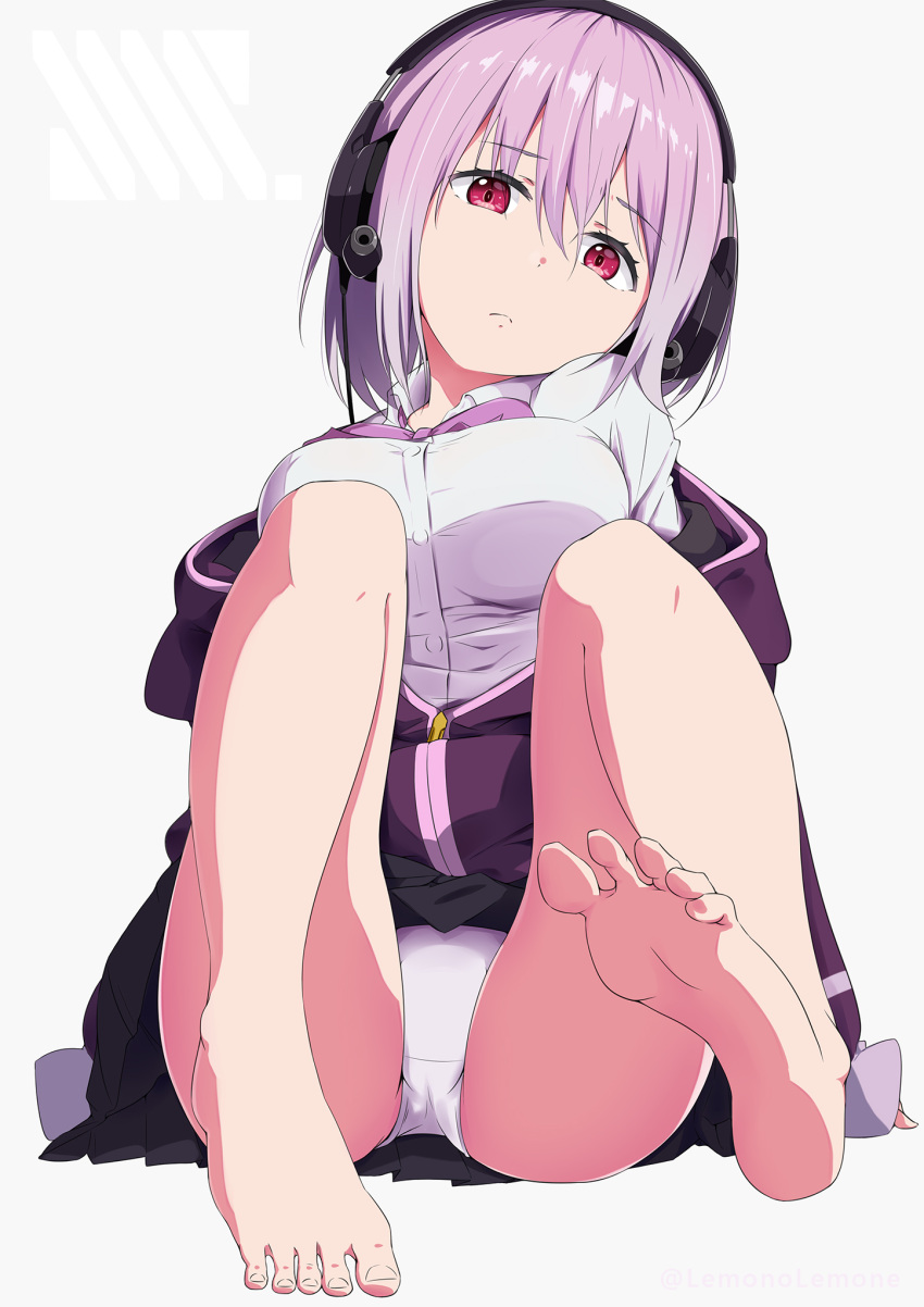 1girl arms_at_sides bare_legs barefoot black_skirt bow breasts closed_mouth commentary_request eyelashes eyes_visible_through_hair feet foot_focus foreshortening frown full_body gridman_universe hair_between_eyes hair_ribbon head_tilt headphones highres jacket knees_up large_breasts lemonolemone long_sleeves looking_at_viewer medium_hair miniskirt off_shoulder panties partially_unzipped pleated_skirt purple_bow purple_hair purple_jacket red_eyes ribbon shinjou_akane shirt simple_background sitting skirt soles solo ssss.gridman straight_hair thighs toes underwear white_background white_panties white_shirt