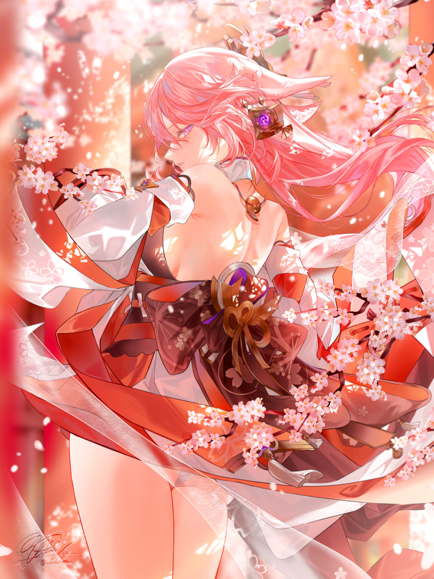 1girl absurdres animal_ear_fluff animal_ears back back_bow backless_outfit bare_shoulders bow branch cherry_blossoms commentary_request cowboy_shot detached_sleeves earrings floppy_ears fox_ears from_behind genshin_impact highres japanese_clothes jewelry long_hair looking_at_viewer magatama mitsudomoe_(shape) nontraditional_miko obi parted_lips pink_hair profile purple_eyes sash signature solo tomoe_(symbol) utsuhostoria white_sleeves yae_miko