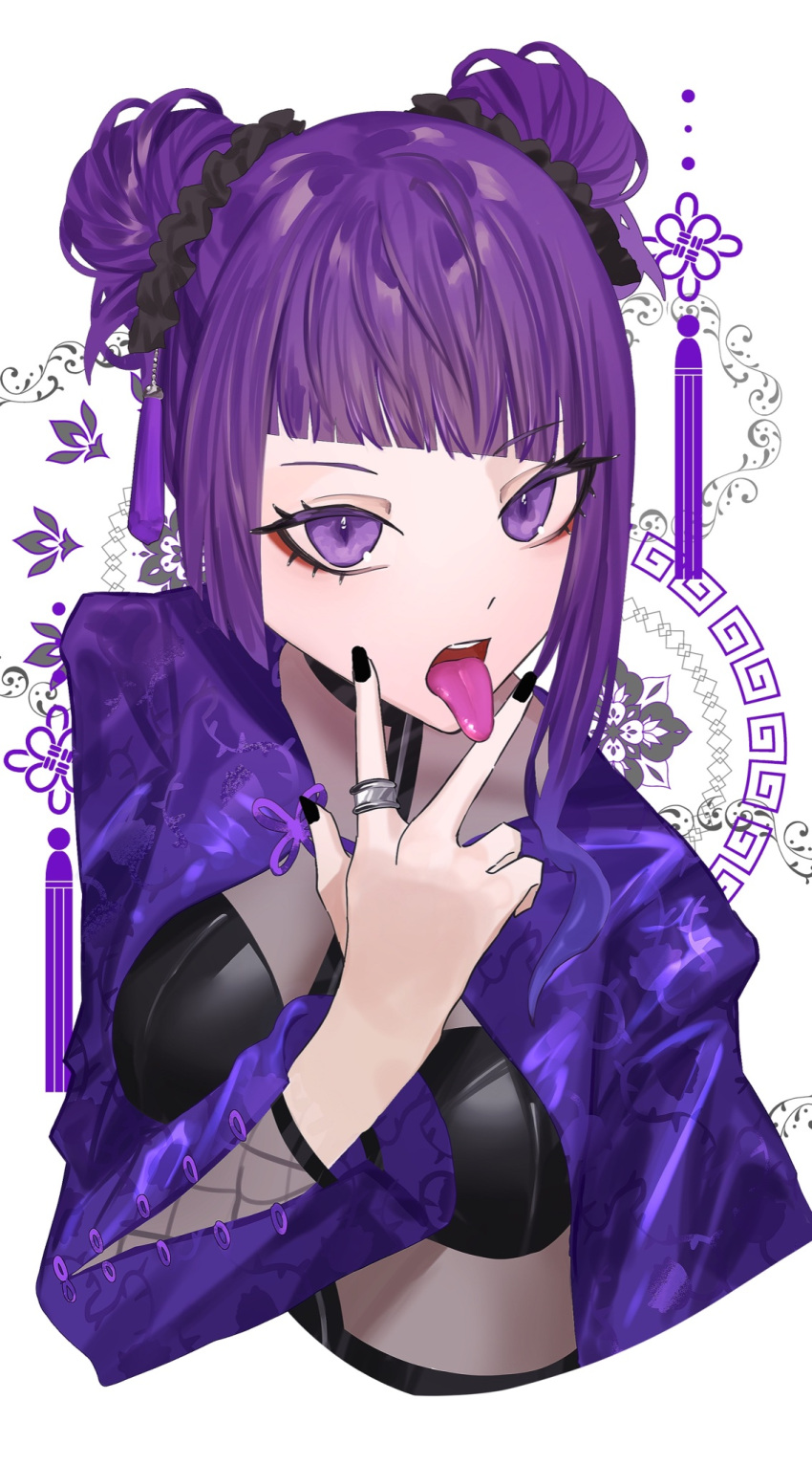 1girl asymmetrical_bangs blunt_bangs breasts cropped_torso diagonal_bangs double_bun fingernails gokuama hair_bun hair_ornament hair_scrunchie highres idolmaster idolmaster_shiny_colors jacket jewelry looking_at_viewer medium_breasts nail_polish patterned_background purple_eyes purple_hair purple_jacket ring scrunchie solo tanaka_mamimi tongue tongue_out upper_body v_over_mouth w