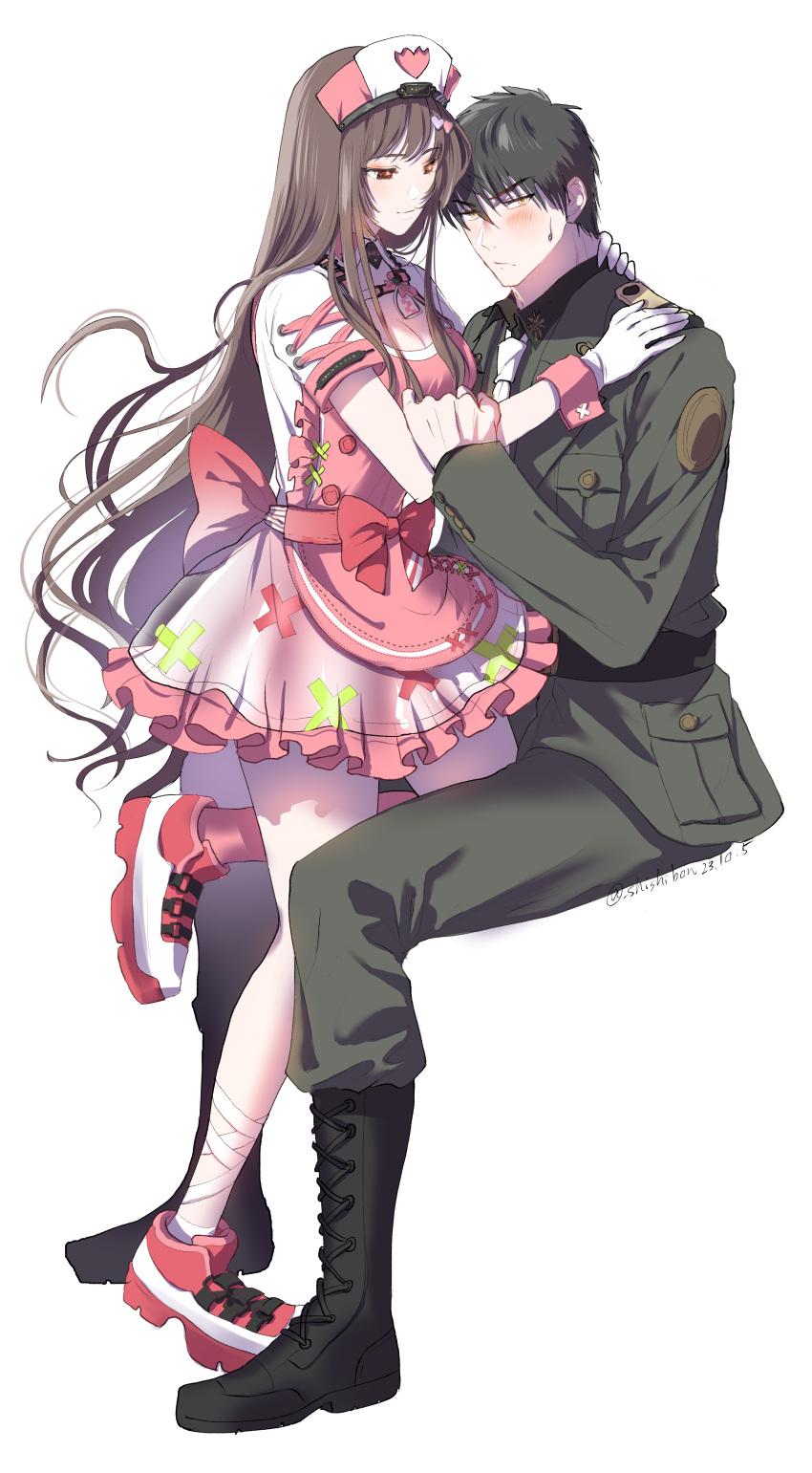 1boy 1girl absurdres alternate_costume black_hair bonbonboon breasts brown_hair cleavage closed_mouth commander_(nikke) dress flustered goddess_of_victory:_nikke hat highres large_breasts long_hair long_sleeves looking_at_another looking_at_viewer military_uniform nurse nurse_cap pink_dress rapi_(nikke) red_eyes short_hair short_sleeves simple_background sitting smile suit uniform white_background yellow_eyes