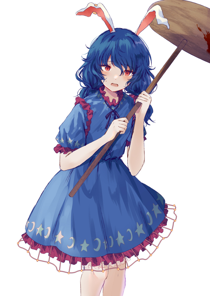 1girl animal_ears blue_dress blue_hair blush crescent_print dress earclip feet_out_of_frame highres holding kine long_hair mallet open_mouth rabbit_ears red_eyes seiran_(touhou) short_sleeves simple_background solo star_(symbol) star_print touhou uranaishi_(miraura) white_background