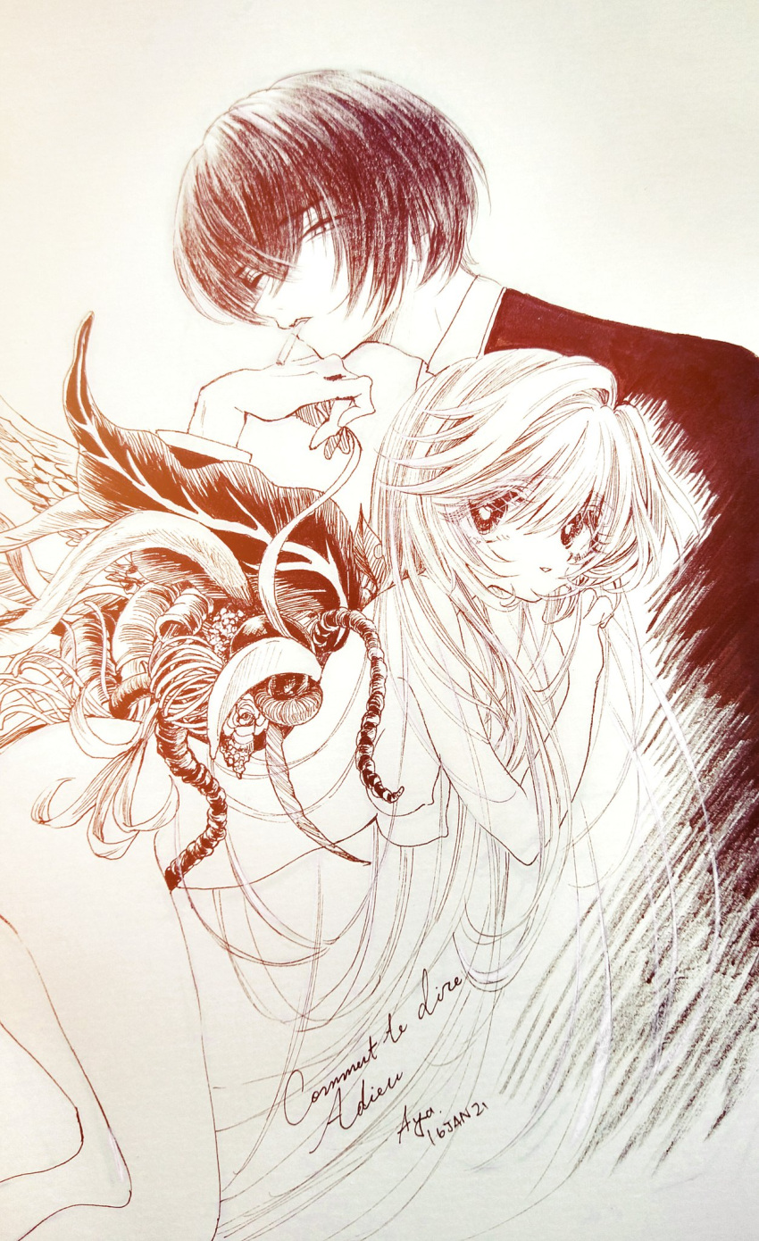1boy 1girl aya_carmine body_horror breasts cigarette clothed_male_nude_female collared_shirt completely_nude expressionless feathered_wings flower flower_wings formal french_text graphite_(medium) greyscale hair_between_eyes highres hitomi_hirosuke_(sayonara_wo_oshiete) leaf_wings long_hair looking_at_viewer marker_(medium) mismatched_wings monochrome nude parted_lips plant_wings sayonara_wo_oshiete shirt simple_background small_breasts smile sugamo_mutsuki suit tendril traditional_media very_long_hair wings