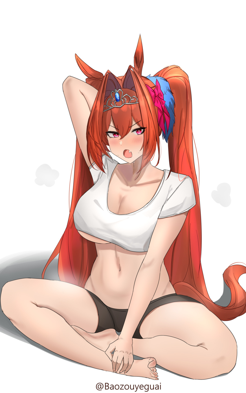 1girl absurdres alternate_costume animal_ears antenna_hair arm_up baozouyeguai barefoot black_shorts blush bow breasts cleavage commentary_request cropped_shirt daiwa_scarlet_(umamusume) fang hair_bow hair_intakes hair_ornament highres horse_ears horse_girl horse_tail indian_style large_breasts long_hair looking_at_viewer midriff navel on_ground open_mouth pink_bow red_eyes red_hair shirt short_sleeves shorts simple_background sitting skin_fang solo tail twintails umamusume underboob very_long_hair white_background white_shirt