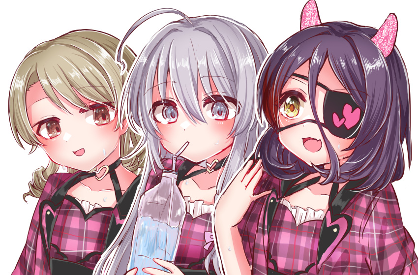 3girls absurdres ahoge blush bottle collarbone drinking eyepatch fang grey_hair hayasaka_mirei highres holding holding_bottle hoshi_syoko idolmaster idolmaster_cinderella_girls individuals_(idolmaster) jacket light_brown_hair marieshi morikubo_nono multiple_girls plaid plaid_jacket purple_hair simple_background skin_fang smile white_background