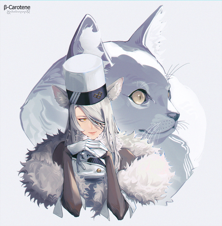1girl arknights brown_sleeves cat commentary cropped_torso english_commentary fur_collar gloves grey_background hair_over_one_eye highres jacket long_hair long_sleeves looking_to_the_side lufi_ays own_hands_together santalla_(arknights) simple_background slit_pupils smile whiskers white_background white_gloves white_hair white_jacket yellow_eyes