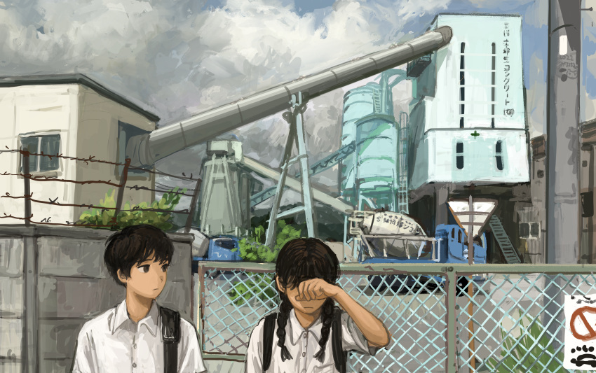 1boy 1girl absurdres backpack bag barbed_wire black_bag black_hair blue_sky braid brown_eyes brown_hair brush_stroke building chain-link_fence cloud cloudy_sky collared_shirt commentary_request concrete_mixer_truck covering_own_eyes expressionless factory fence foliage hand_up highres looking_at_another looking_to_the_side minahamu motor_vehicle original outdoors refinery rust shirt short_hair short_sleeves shoulder_bag sign sky truck twin_braids upper_body utility_pole warning_sign white_shirt