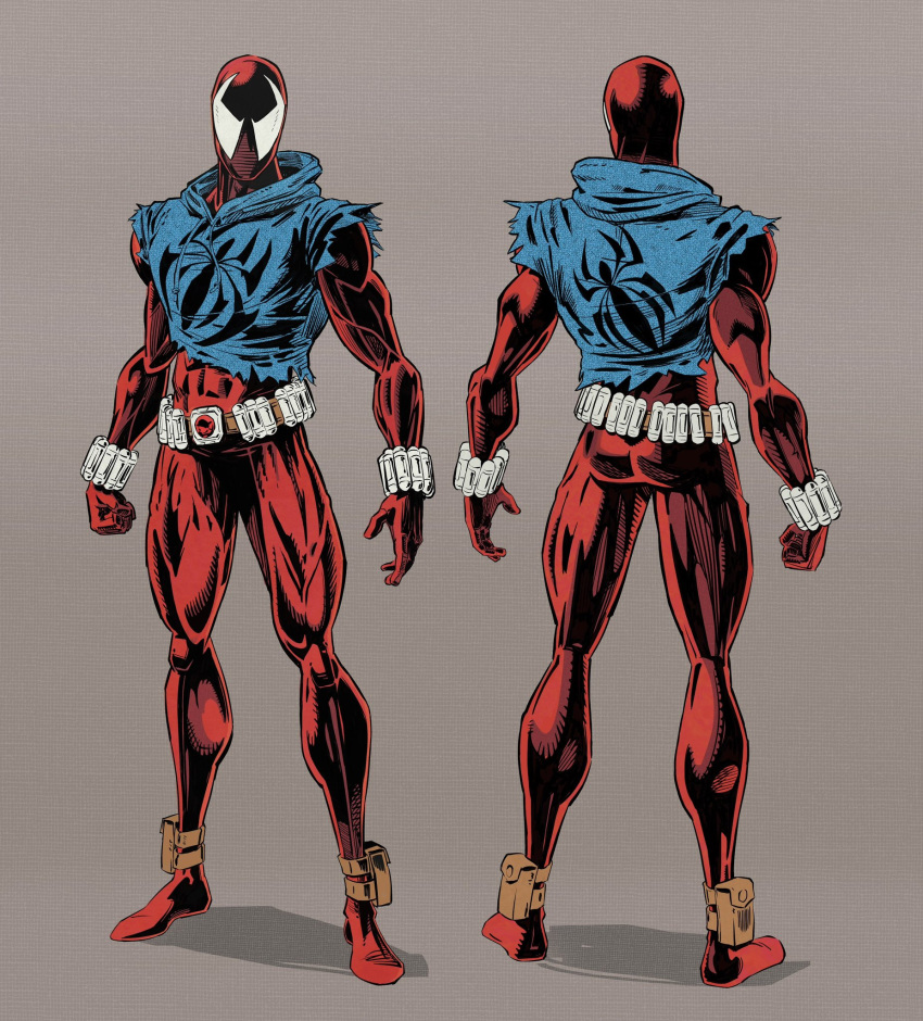 animal_print aymeric_kevin ben_reilly blue_bodysuit bodysuit from_behind full_body highres hood hooded_bodysuit looking_at_viewer male_focus marvel multiple_views muscular official_art red_bodysuit reference_sheet scarlet_spider simple_background spider-man:_across_the_spider-verse spider-man_(series) spider_print standing superhero torn_hoodie turnaround