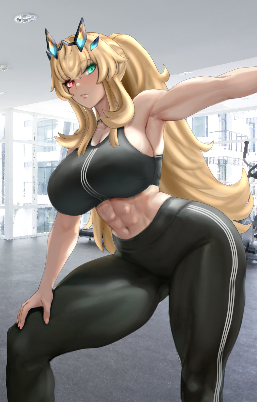 1girl abs bare_shoulders barghest_(fate) biceps black_pants black_sports_bra blonde_hair breasts cleavage collarbone fate/grand_order fate_(series) green_eyes gym heterochromia highres horns large_breasts long_hair looking_at_viewer muscular muscular_female navel pants ponytail raskasar red_eyes solo sports_bra thick_thighs thighs tight_clothes tight_pants yoga_pants