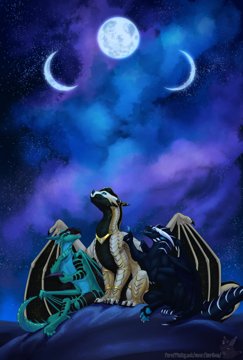 ambiguous_gender black_body black_scales black_sclera blue_body blue_eyes blue_pawpads blue_scales cloud dragon feral hi_res kuribon moon pawpads red_eyes scales scalie signature star text url watermark