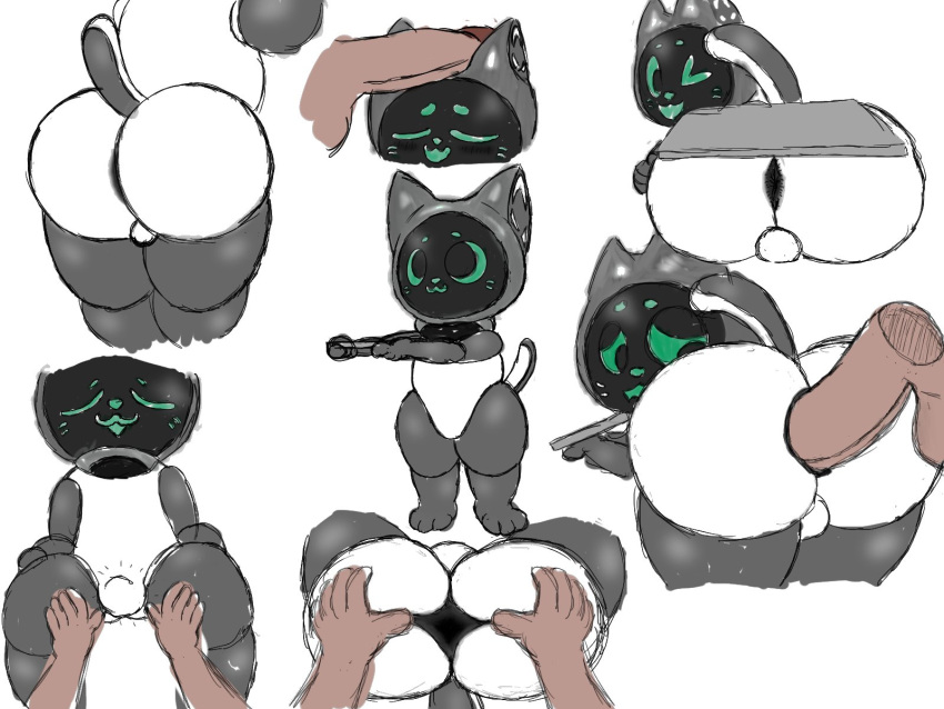 2022 4:3 anal anal_penetration anthro anus balls bellabot bent_over big_butt big_penis black_eyes bulge butt butt_grab digital_media_(artwork) domestic_cat duo felid feline felis genitals green_nose green_sclera grey_body grey_ears grey_tail half-closed_eyes hand_on_butt hands_on_legs hi_res holding_object holding_tray human looking_back looking_pleasured machine male male/male male_penetrated male_penetrating male_penetrating_male mammal multicolored_body narrowed_eyes nekoni offscreen_character one_eye_closed penetration penile penile_penetration penis penis_in_ass penis_on_head plate presenting presenting_hindquarters robot screen screen_face sex simple_background sitting spread_butt spreading standing tail teapot_(body_type) thick_thighs tray two_tone_body two_tone_tail white_background white_body white_tail wink