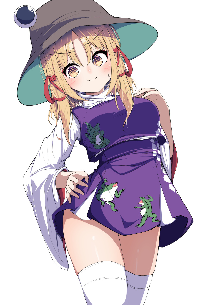 1girl @_@ absurdres animal_print blonde_hair blush breasts brown_headwear closed_mouth commentary_request contrapposto cowboy_shot darumoon dot_nose embarrassed frog_print groin_outline hair_ribbon hand_on_own_chest hand_on_own_hip hat head_tilt high-waist_skirt highres light_blush long_sleeves looking_at_viewer medium_breasts medium_hair miniskirt moriya_suwako nervous_smile nose_blush parted_bangs purple_skirt purple_vest red_ribbon ribbon shirt simple_background skirt skirt_set smile solo split_mouth standing sweatdrop thighhighs thighs touhou turtleneck v-shaped_eyebrows vest wavy_mouth white_background white_shirt white_thighhighs wide_sleeves yellow_eyes