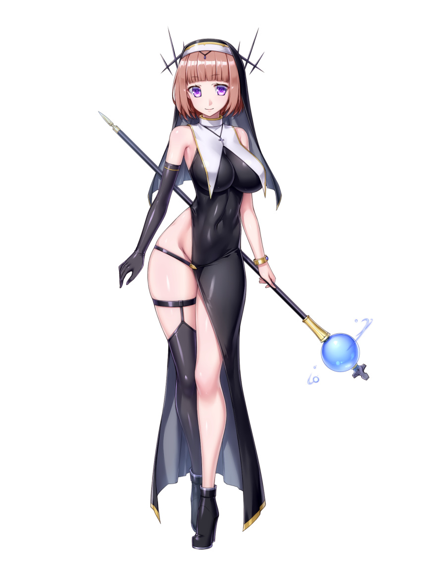 1girl ankle_boots asymmetrical_clothes asymmetrical_dress bare_shoulders boots bracelet breasts brown_hair chain_paradox cocytus_(wind_master) covered_navel cross cross_necklace elbow_gloves full_body garter_straps gloves habit high_heels highres holding holding_staff impossible_clothes jewelry large_breasts looking_at_viewer necklace nun purple_eyes short_hair single_elbow_glove single_thighhigh skin_tight smile solo staff straight-on thighhighs white_background