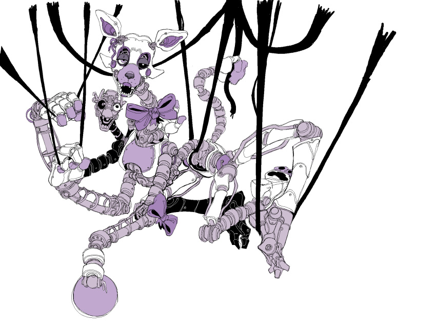 2023 animatronic anthro biped bow_accessory canid canine claws digital_media_(artwork) female five_nights_at_freddy's five_nights_at_freddy's_2 grey_body hi_res looking_at_viewer machine mammal mangle_(fnaf) nsfuwu4 purple_body robot scottgames simple_background solo toe_claws tongue tongue_out white_background white_body wire