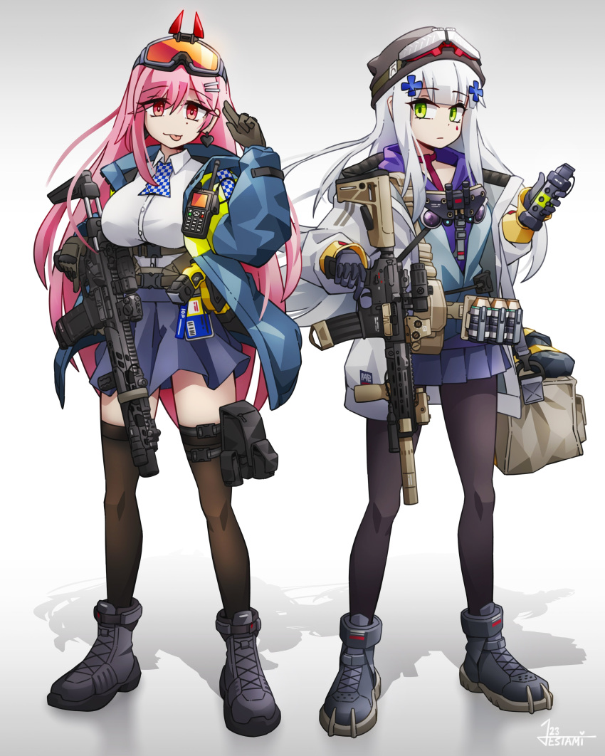 2girls absurdres assault_rifle beach black_footwear black_headwear blue_jacket blue_skirt breasts brown_gloves brown_pantyhose brown_thighhighs closed_mouth clukay_(girls'_frontline_nc) collared_shirt commentary dress_shirt earrings english_commentary facial_mark girls'_frontline girls'_frontline_neural_cloud gloves goggles goggles_on_head goggles_on_headwear gradient_background green_eyes grey_background grey_gloves grey_hair grey_jacket grey_shirt gun h&amp;k_hk416 hair_between_eyes hair_ornament hairclip heart heart_earrings highres hk416_(girls'_frontline) holding holding_gun holding_weapon hood hood_down hoodie jacket jestami jewelry long_sleeves medium_breasts multiple_girls object_hug open_clothes open_jacket pantyhose pleated_skirt puffy_long_sleeves puffy_sleeves purple_hoodie red_eyes rifle shirt shoes sig_mcx_(girls'_frontline) sig_sauer_mcx skirt thighhighs weapon white_background
