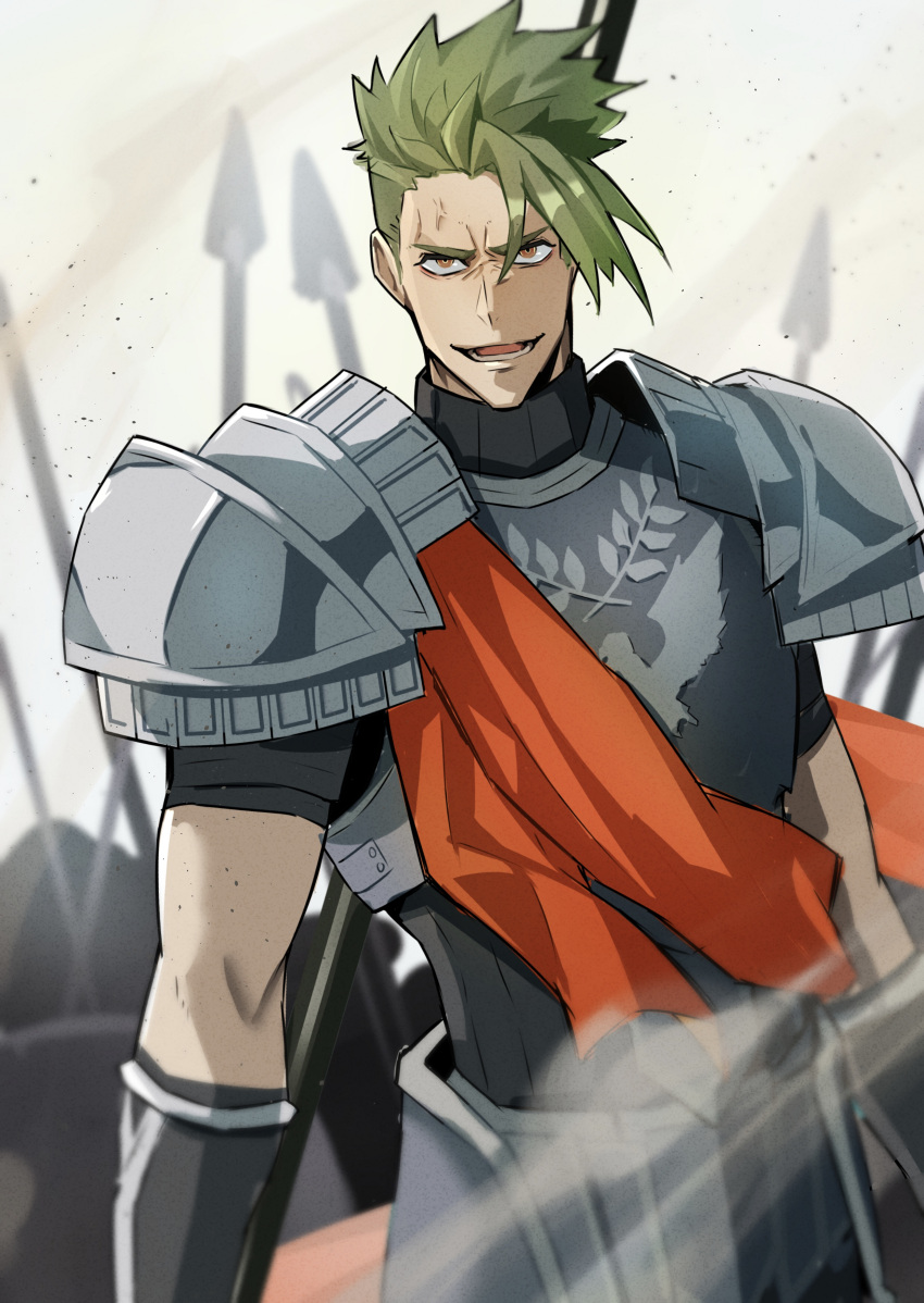 1boy absurdres achilles_(fate) armor battlefield black_shirt brown_eyes dust fate/apocrypha fate_(series) gauntlets green_hair haruakira highres holding holding_polearm holding_weapon looking_at_viewer male_focus muscular muscular_male open_mouth orange_sash polearm ribbed_shirt shirt short_hair spear turtleneck weapon