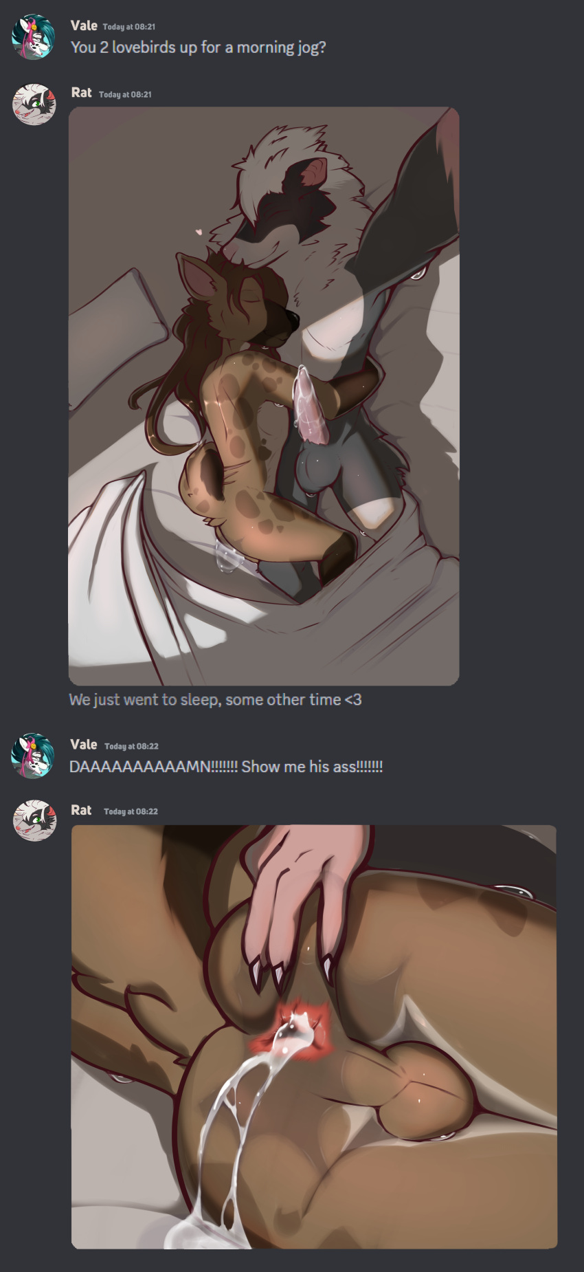 absurd_res anthro bed bodily_fluids butt cum cum_from_ass cum_in_ass cum_inside discord_(app) duo erection furniture genital_fluids genitals hand_on_butt hi_res hyena jarlium male male/male mammal murid murine penis pillow raised_tail rat rodent spread_butt spreading tail