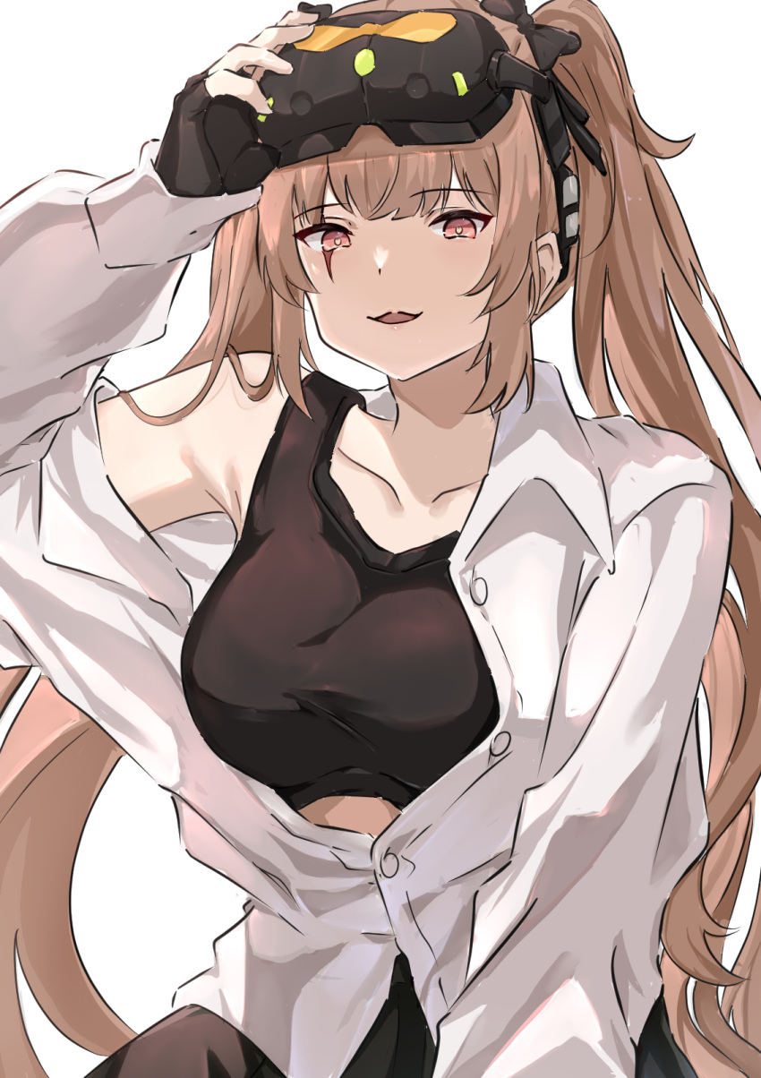 :3 adjusting_eyewear black_gloves black_ribbon black_skirt black_sports_bra breasts brown_hair collarbone commentary english_commentary fingerless_gloves girls'_frontline gloves hair_ribbon head-mounted_display highres large_breasts long_hair looking_at_viewer mod3_(girls'_frontline) mutugorou_u off_shoulder parted_lips partially_unbuttoned red_eyes ribbon scar scar_across_eye scar_on_face shirt simple_background skirt smile solo sports_bra twintails ump9_(girls'_frontline) upper_body white_background white_shirt