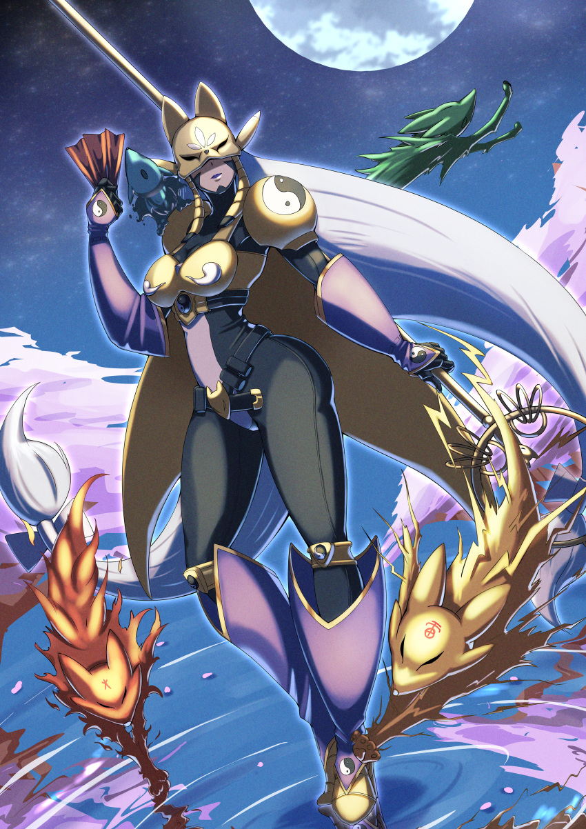 1girl absurdres animal_ears armor belt black_bodysuit bodysuit breasts cape cherry_blossoms closed_mouth commentary covered_eyes digimon digimon_(creature) facial_mark fox_ears fox_mask full_body full_moon gloves hand_up high_heels highres holding holding_paper holding_staff kotatsu_(nukunuku) lipstick long_hair low-tied_long_hair low_twintails makeup mask medium_breasts moon night ofuda paper purple_lips purple_sleeves reflection reflective_water sakuyamon shoulder_armor staff standing standing_on_liquid stirrup_legwear toeless_legwear twintails very_long_hair water yellow_armor yellow_cape yin_yang yin_yang_print