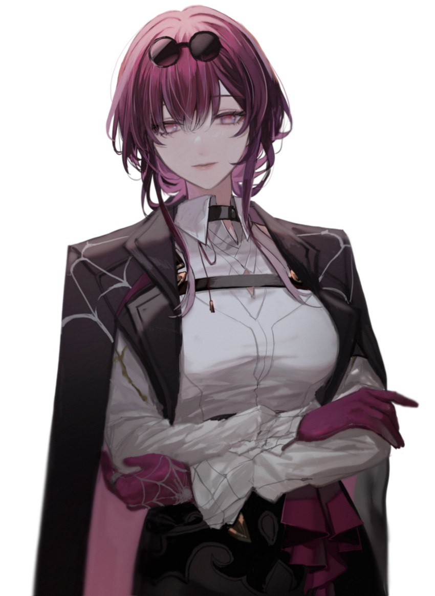 1girl black_choker black_jacket black_skirt choker collared_shirt crossed_arms eyewear_on_head gloves highres honkai:_star_rail honkai_(series) jacket jacket_on_shoulders kafka_(honkai:_star_rail) long_sleeves looking_at_viewer multicolored_eyes pink_eyes pink_gloves pink_hair ponytail purple_eyes shirt skirt solo sunglasses umnume white_shirt