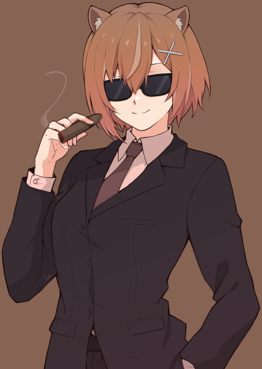 1girl absurdres alternate_costume animal_ears ayunda_risu black_jacket blazer breasts brown_background brown_hair brown_necktie buttons cigar formal hair_between_eyes hand_in_pocket highres hitozche holding holding_cigar hololive hololive_indonesia jacket long_sleeves mafia medium_breasts necktie short_hair smile smoke solo squirrel_ears squirrel_girl suit sunglasses upper_body virtual_youtuber