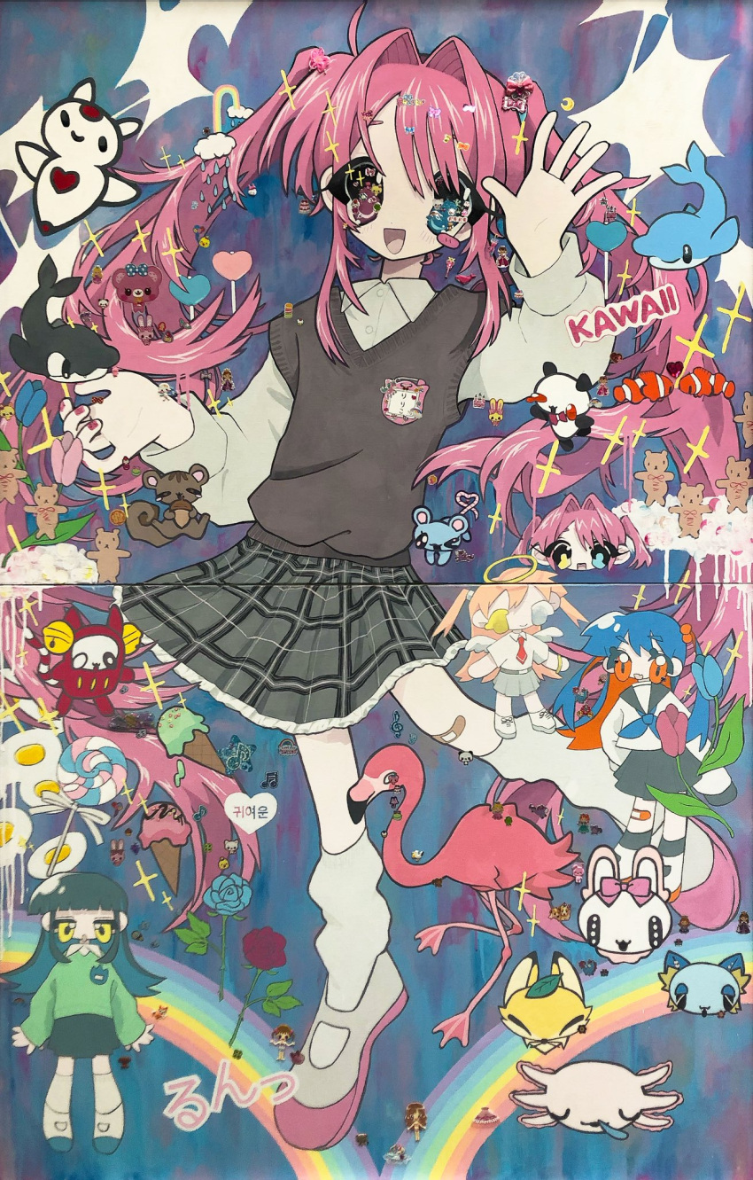 5girls :d angel angel_wings axolotl bandaid bandaid_on_knee bandaid_on_leg bird black_hair blue_eyes blue_hair blue_neckerchief blunt_bangs blush_stickers candy chibi cloud clownfish collared_shirt colored_inner_hair creature dolphin eyes_visible_through_hair fish flamingo flower food full_body green_skirt green_sweater grey_sailor_collar grey_skirt grey_sweater_vest hair_intakes halo hand_up heart heterochromia highres ice_cream_cone kneehighs lollipop long_hair long_sleeves looking_at_viewer loose_socks miniskirt momose_kikuka multicolored_hair multiple_girls musical_note nail_polish name_tag neckerchief open_mouth orange_eyes orange_hair orca original panda pink_hair plaid plaid_skirt purple_eyes rabbit rainbow sailor_collar school_uniform serafuku shirt shoes single_blush_sticker skirt smile socks solo_focus sparkle squirrel standing sticker stuffed_animal stuffed_toy sweater sweater_vest teddy_bear traditional_media twintails two_side_up uwabaki very_long_hair white_footwear white_shirt white_socks wings yellow_eyes